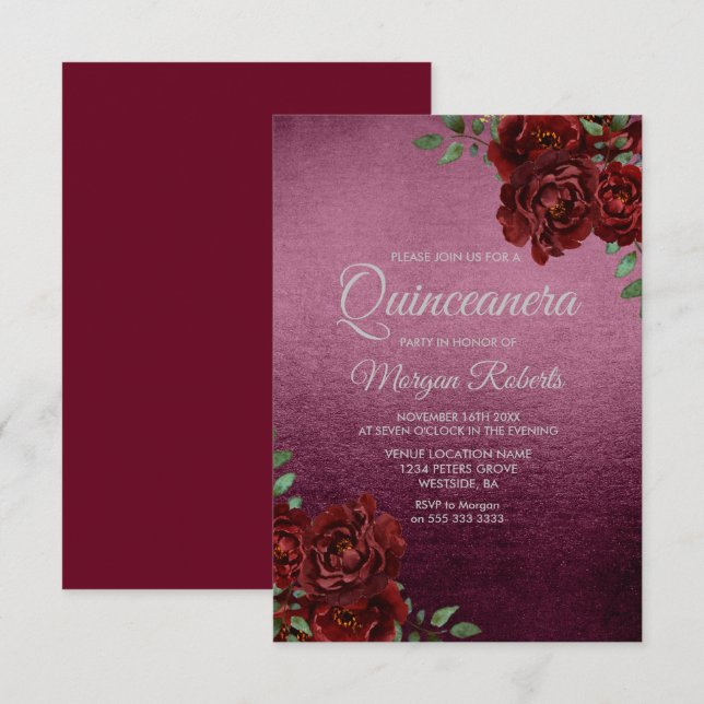 Burgund Rose Foil Look Quinceanera Einladung (Vorne/Hinten)