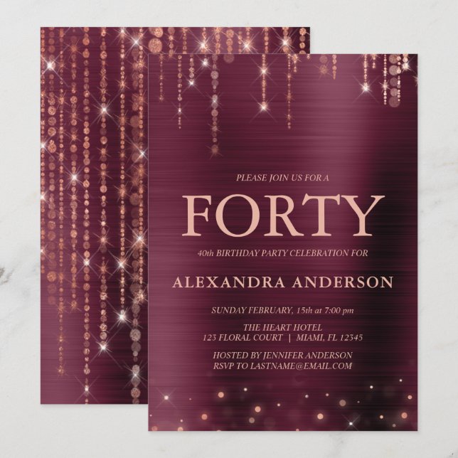 Burgund Rose Gold 40. Geburtstag Party Einladung (Vorne/Hinten)