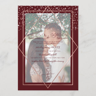 Burgund Rose Gold Confetti Border Foto Hochzeit Einladung
