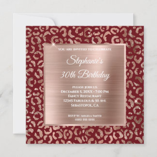Burgund Rose Gold Foil Leopard Glam 30. Geburtstag Einladung