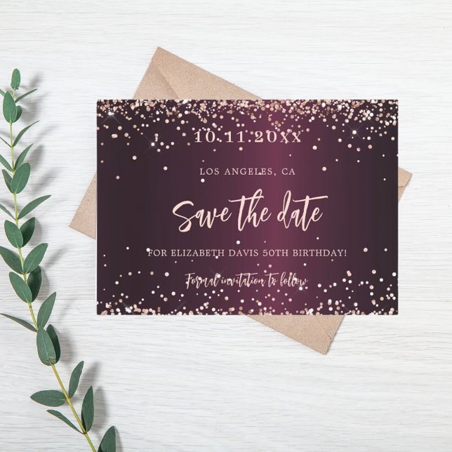 Burgund-Rose-Gold-Geburtstag Save The Date (Von Creator hochgeladen)