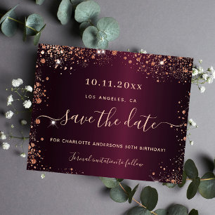 Burgund Rose Gold Geburtstagskarte Save the Date