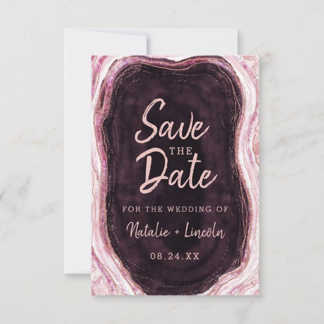Burgund & Rose Gold Geode Agate Marble Moderne Save The Date (Vorderseite)