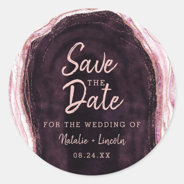 Burgund & Rose Gold Geode Agate Save the Date Runder Aufkleber (Vorderseite)