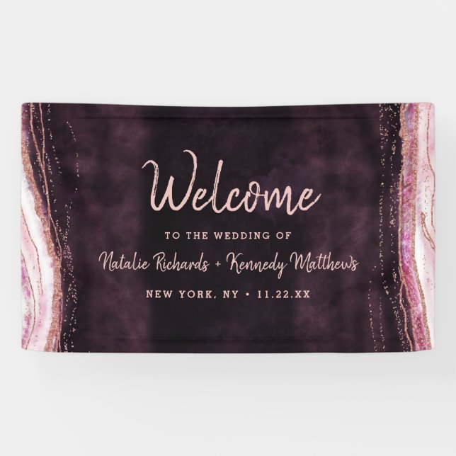 Burgund & Rose Gold Geode Agate Wedding Willkommen Banner (Horizontal)