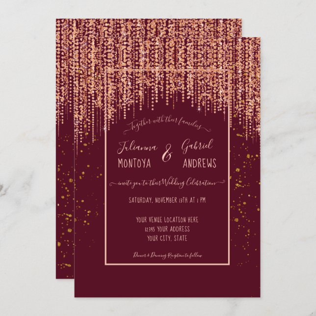 Burgund Rose Gold Glitzer Confetti Hochzeit Einlad Einladung (Vorne/Hinten)