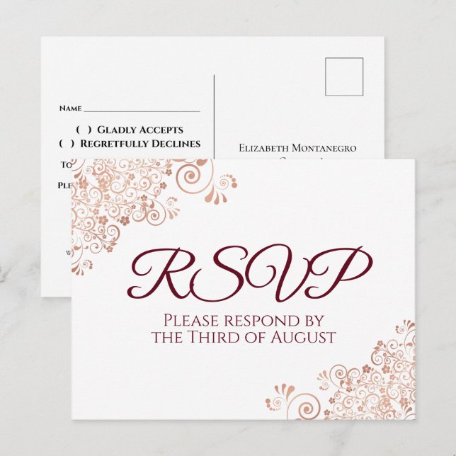 Burgund & Rose Gold Lace White Wedding RSVP Postkarte (Vorne/Hinten)
