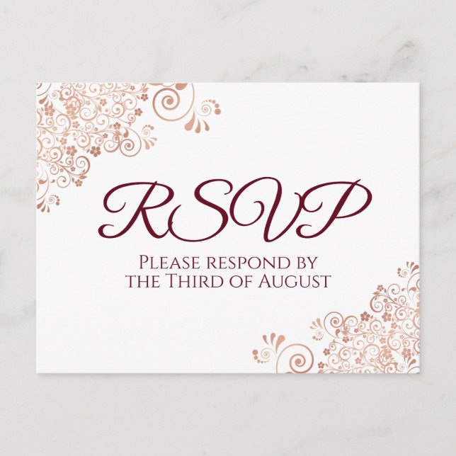 Burgund & Rose Gold Lace White Wedding RSVP Postkarte (Vorderseite)