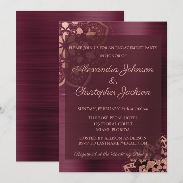 Burgund & Rose Gold Mandala Engagement Party Einladung (Vorne/Hinten)