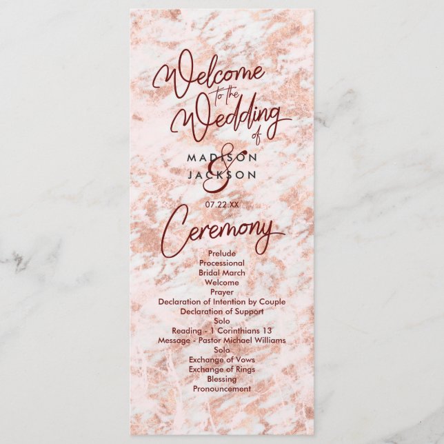 Burgund & Rose Gold Marbled Wedding Program Programm (Vorderseite)