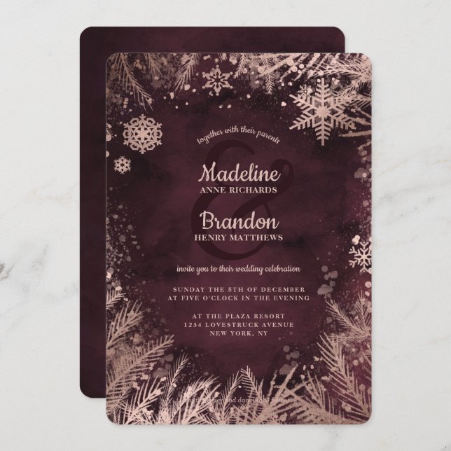 Burgund & Rose Gold Snowflakes Hochzeit Einladung (Vorne/Hinten)
