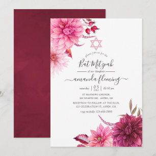 Burgund & Rosé Herbst Floral Bat Mitzwa Einladung