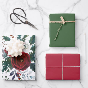 Burgund-Rose, Kiefer, Heilige Weihnachtsblume Geschenkpapier Set