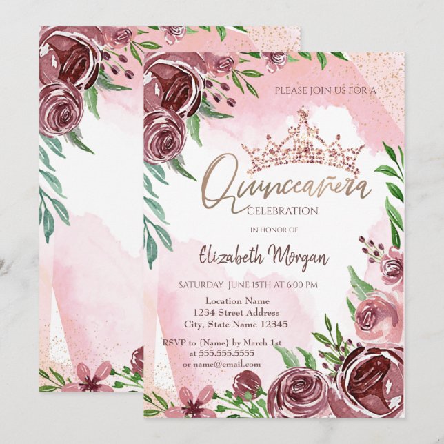 Burgund Rose Kronplatz Quinceañera Einladung (Vorne/Hinten)