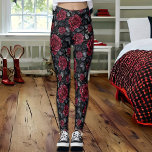 Burgund-Rose mit schwarzem Hintergrund Leggings<br><div class="desc">Hübsche bordeauxfarbene Rose und Blattwerk mit schwarzem Hintergrund,  nahtlos blumengeschmückte Leggings.</div>