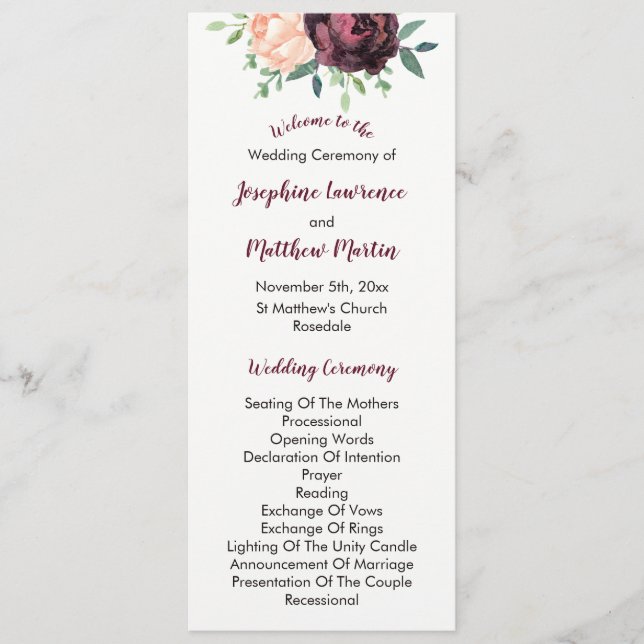 Burgund Rose Peach Peony Weddings Programme (Vorderseite)