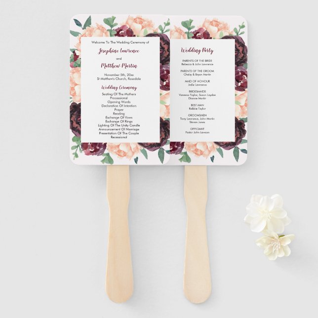Burgund Rose Peony Wedding Programme Fächer (Vorne und Hinten)