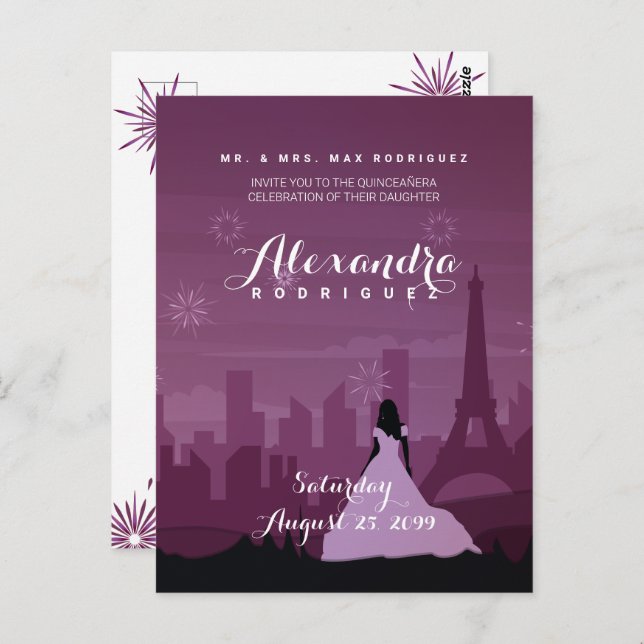 Burgund Rose Pink Paris Feuerwerk Quinceañera Postkarte