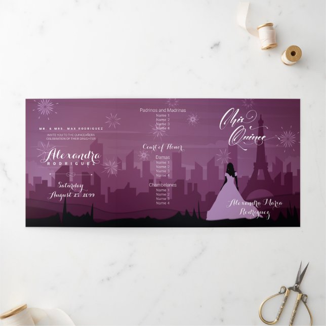 Burgund Rose Pink Paris Feuerwerk Quinceañera Tri Dreifach Gefaltete Einladung (Außenbereich)