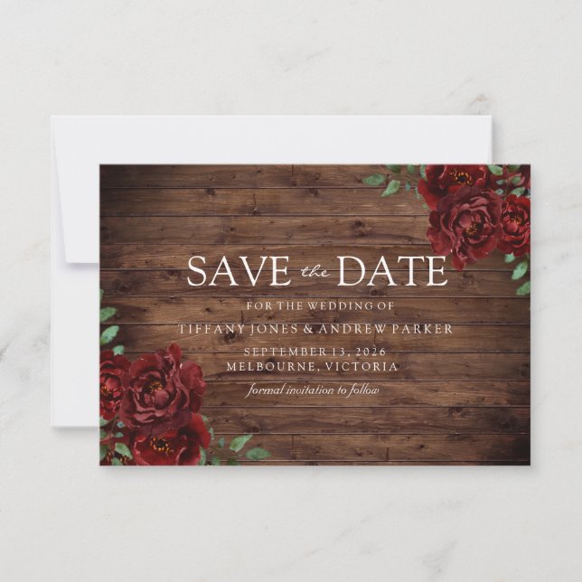 Burgund Rose Romantische Rustikale Save the Date (Vorderseite)