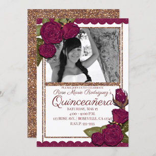 Burgund Rose Rose Gold Glitzer Quinceañera Party Einladung