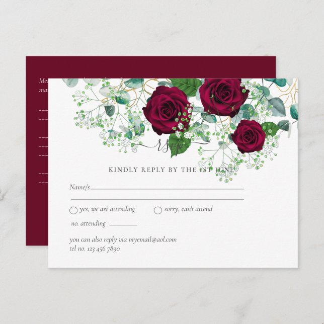 Burgund Rose Sage Eukalyptus Wedding RSVP Postkarte (Vorne/Hinten)