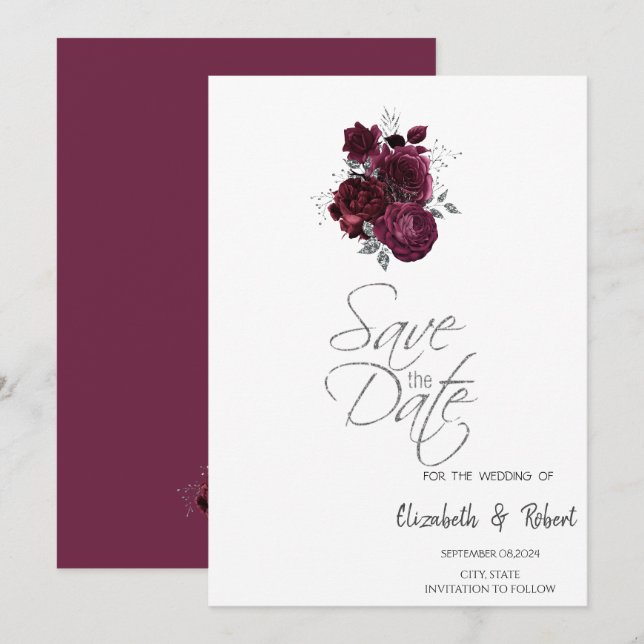 Burgund-Rose Save the Date (Vorne/Hinten)