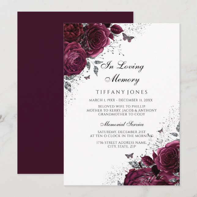 Burgund-Rose Silver Memorial Beerdigung Service Einladung (Vorne/Hinten)