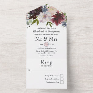 Burgund, Rosé und marineblaue florale Hochzeit All In One Einladung