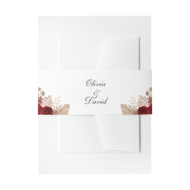 Burgund-Rose und Palm-Blätter Hochzeit Einladungsbanderole (Vorderseite Beispiel)