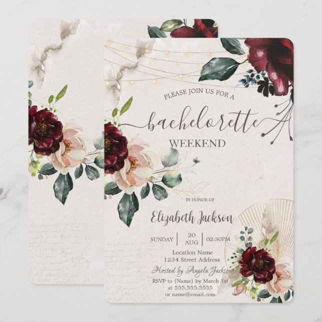 Burgund-Rose, Weinglas, Junggeselinnen-Abschied Einladung (Vorne/Hinten)