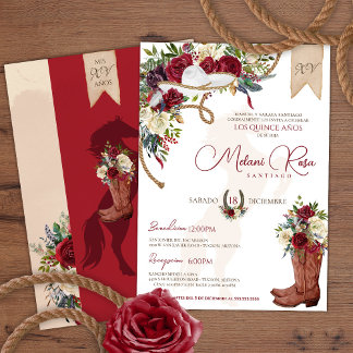 Burgund Rose Western Charro Spanisch Quinceañera Einladung