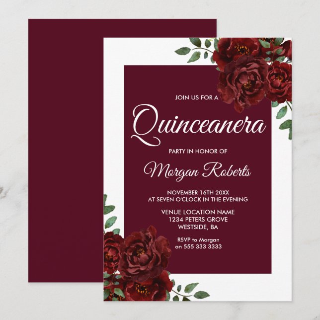 Burgund Rose White Border Quinceanera Einladung (Vorne/Hinten)