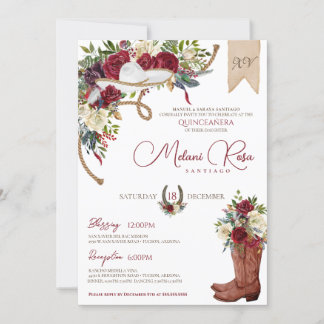 Burgund Rose Winter Western Charro Quinceanera Einladung