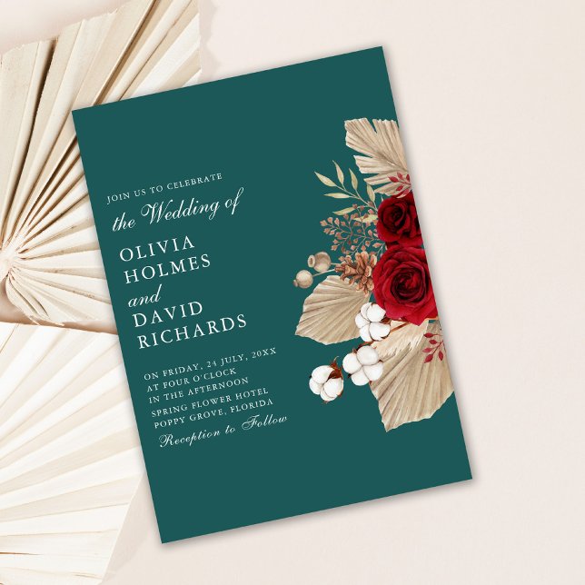 Burgund-Rose zur Aquamarinen Einladung zur Hochzei (Modern Teal and Burgundy Roses Wedding Invitation on light background)