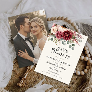 Burgund & Rosen Blumen Hochzeit Termin Foto Einladung