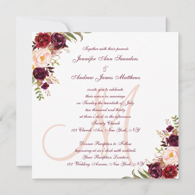 Burgund Rot Floral Elegant Blush Monogramm Hochzei Einladung (Rückseite)