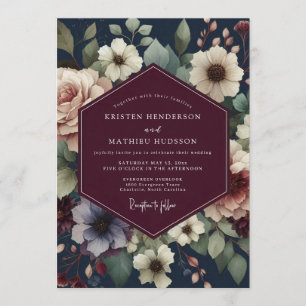Burgund-Rot-Navy-Malerische Blüten-Hochzeit Einladung