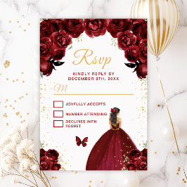 Burgund Rot und Gold Brünette Haarprinzessin RSVP Karte