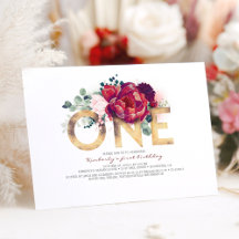 Burgund Rot und Gold Floral 1. Geburtstag