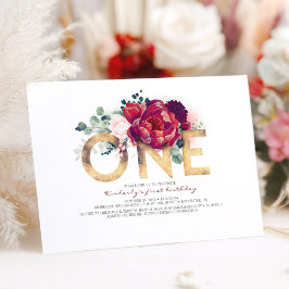 Burgund Rot und Gold Floral 1. Geburtstag Einladung