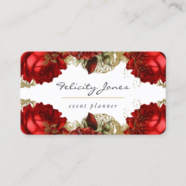 Burgund Rot und Gold Vintage Blüte Visitenkarte (Vorderseite)