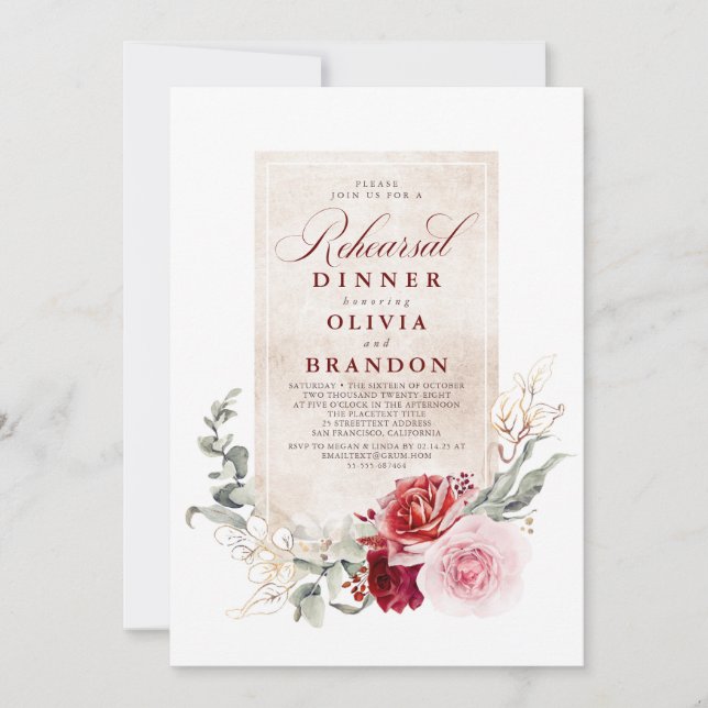 Burgund Rot und Rosa Blume Probe Abendessen Einladung (Vorderseite)