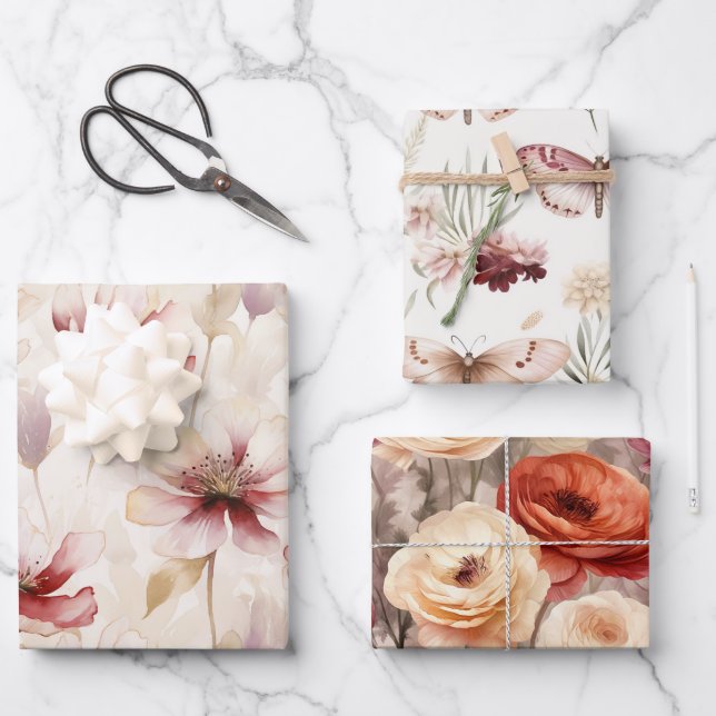 Burgund Rot Weiße Blume Schmetterlinge Geschenkpapier Set (Vorderseite)