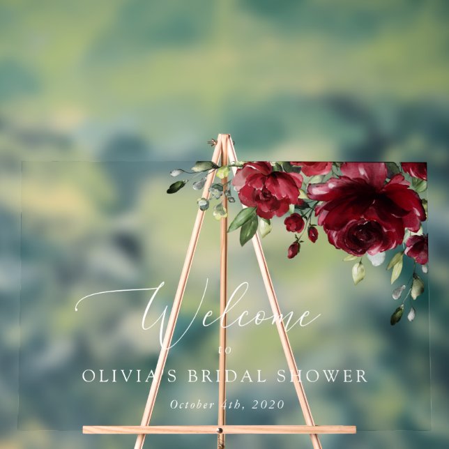 Burgund Rote Blume, Boho, Brautparty Willkommen Acrylschild (Neutral)