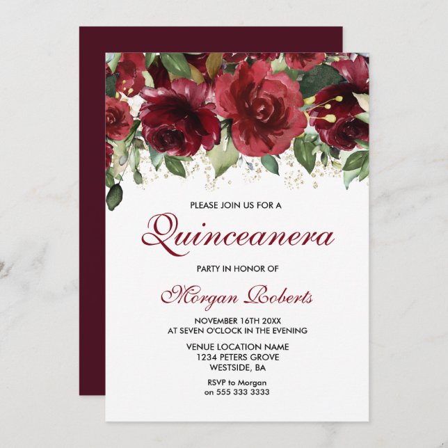 Burgund Rote Blume Glitzer Quinceanera Party Einladung (Vorne/Hinten)