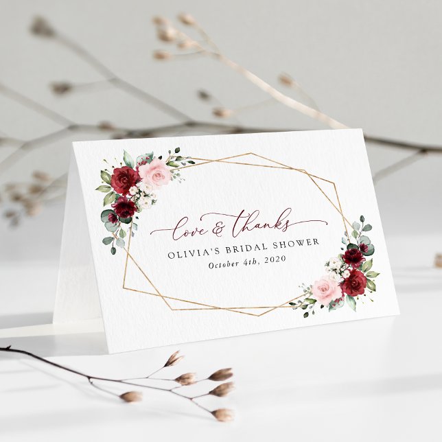 Burgund Rote Blume, rosa Blume, Brautparty Dankeskarte (Von Creator hochgeladen)