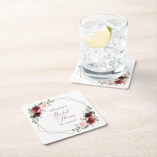 Burgund Rote Blume, rosa Blume, Brautparty Rechteckiger Pappuntersetzer (Vor Ort)