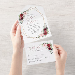 Burgund Rote Blume, Rosa Blume, Süß 16 All In One Einladung