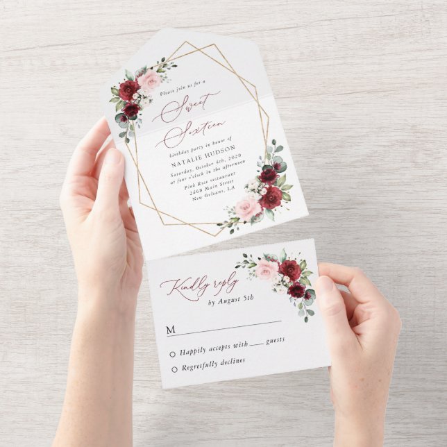 Burgund Rote Blume, Rosa Blume, Süß 16 All In One Einladung (Abreißen)